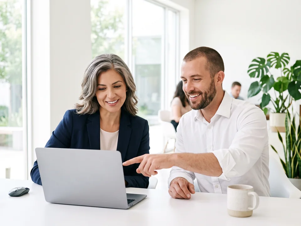 An attorney and a LegalEdge team member reviewing call reports on a laptop