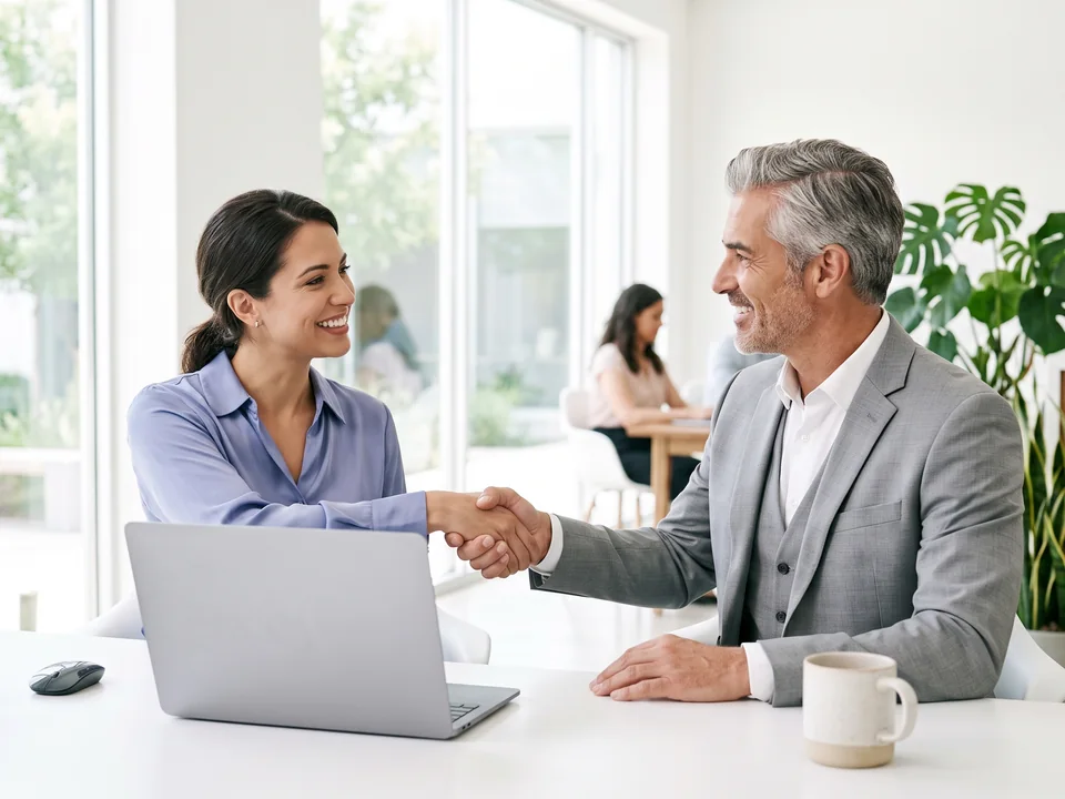 A smiling attorney shaking hands across a bright office desk